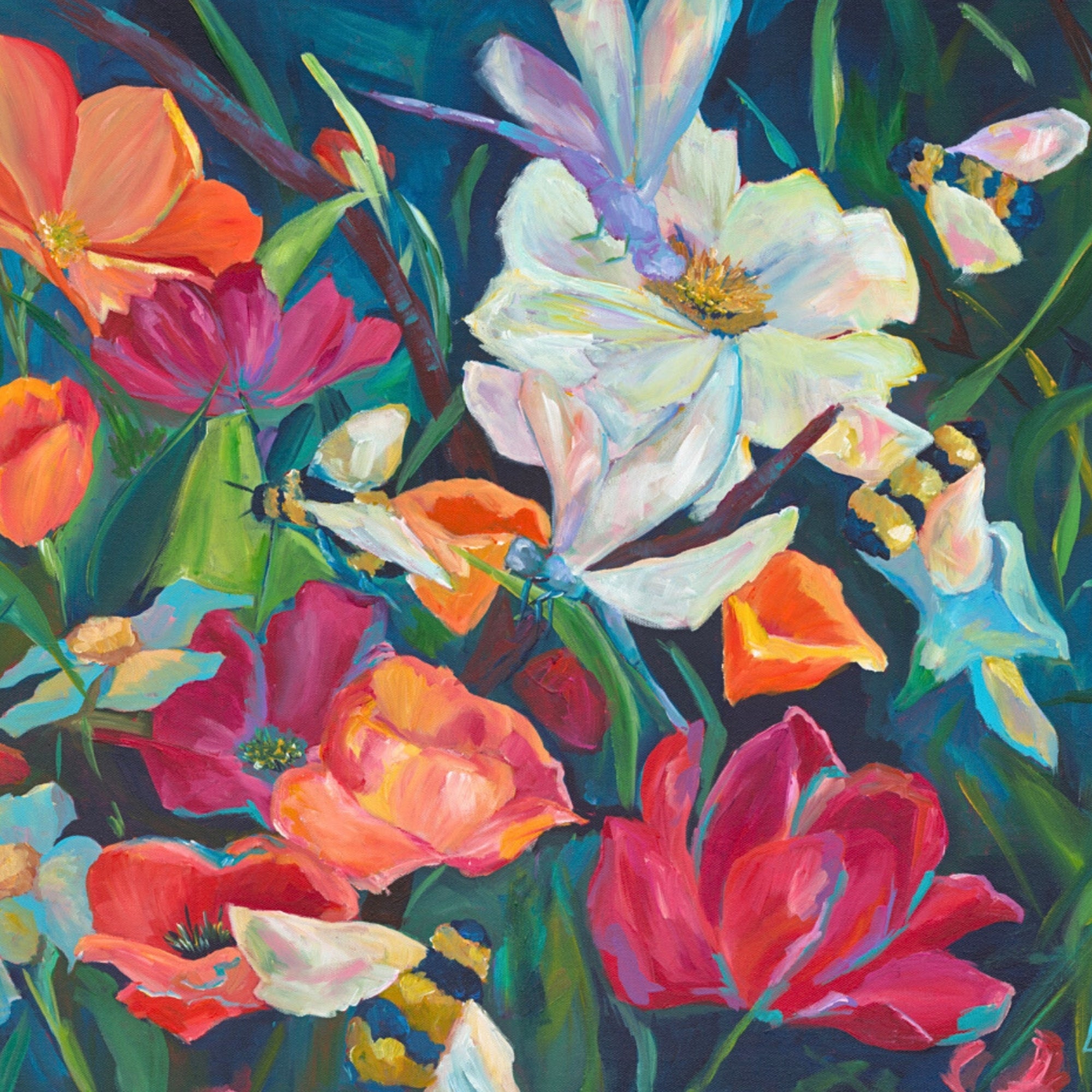 vibrant peony and wild flower original painting with bees and dragon flies