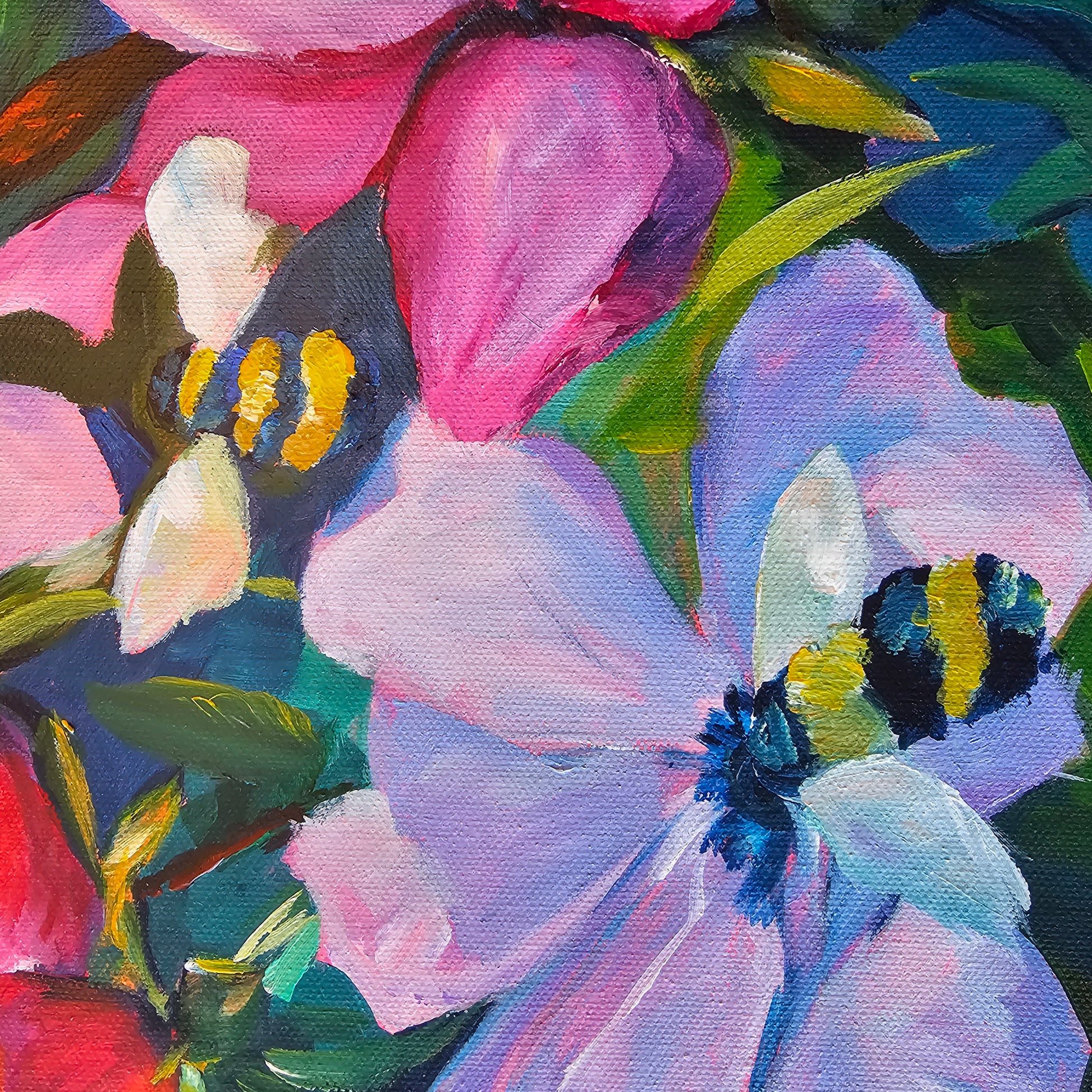 zoomed in bumble bees on pink and purple flower petal original colorful painting on canvas