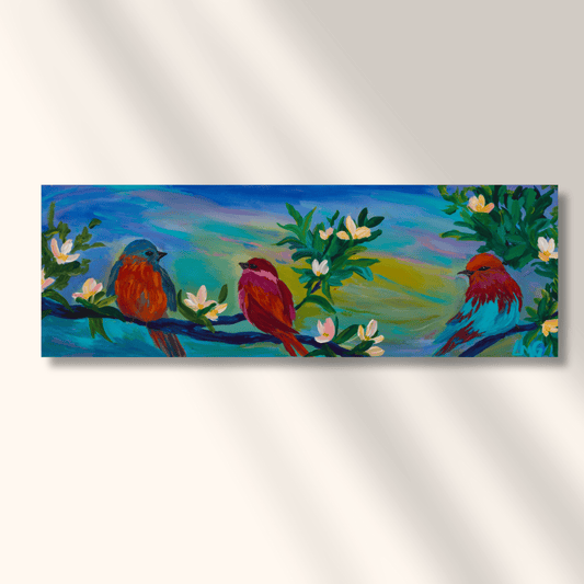 Painting titled '3's a Crowd' by Leah Marie featuring vibrant nature themes in expressive color.