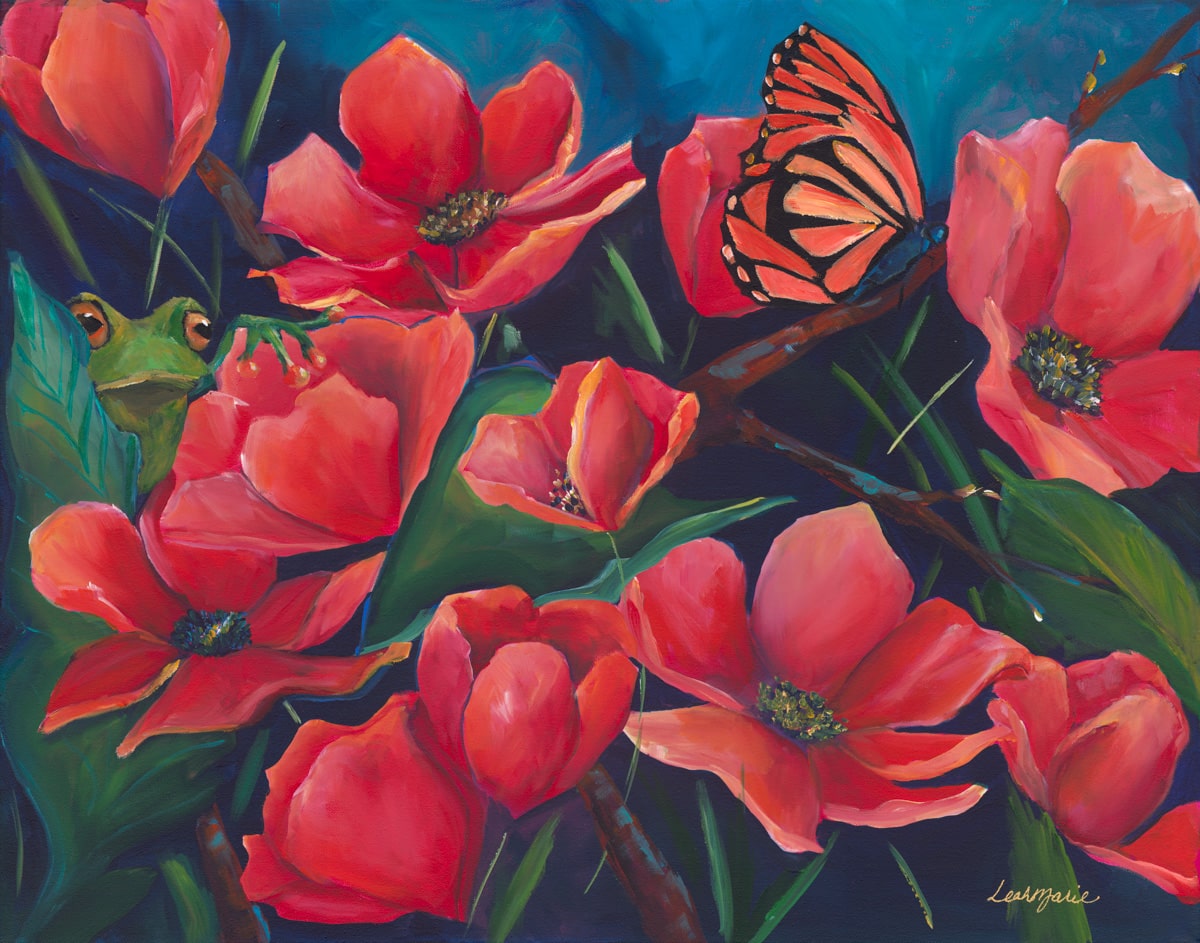 original hand painted red flowers with a frog and monarch butterrfly . Healing artwork for emotional spaces, yoga or counseling studios