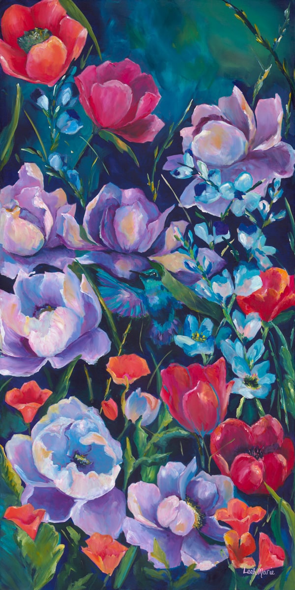 Colorful floral painting with various flowers on a dark background. bold colorful purple flowers with a in flight hummingbird. Jewel tones perfect for a nature lover or a mximalist home decor