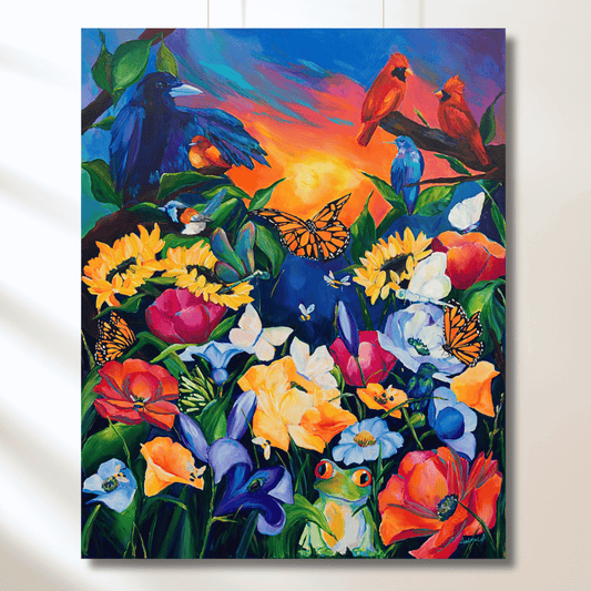 Colorful painting of birds, flowers, and butterflies on a wall. known as annie's project