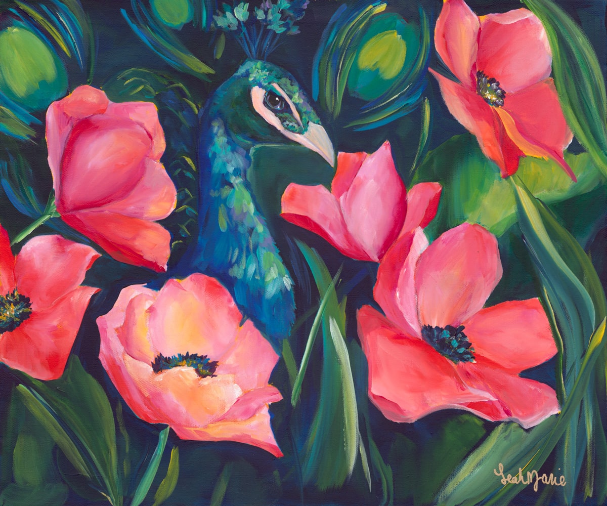 Painting of a peacock surrounded by pink flowers on a dark background full of feminie pink florals perfect for a romantic bedroom decor in a maximalsit home decor