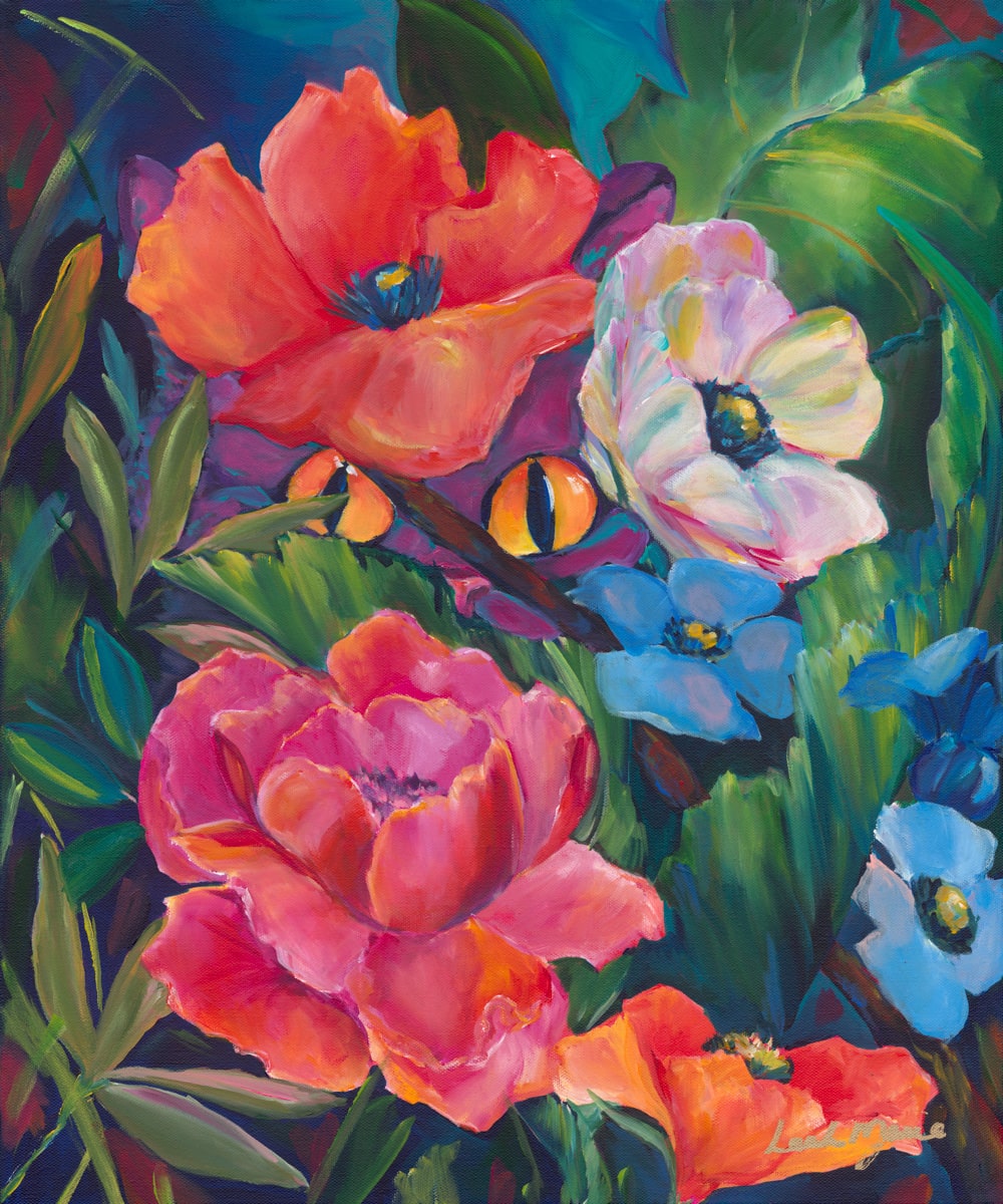 Colorful painting of flowers with vibrant orange, pink, and blue colors. Whimsical vibes perfect for cat lovers and dopamine maximalsit living rooms and boutques