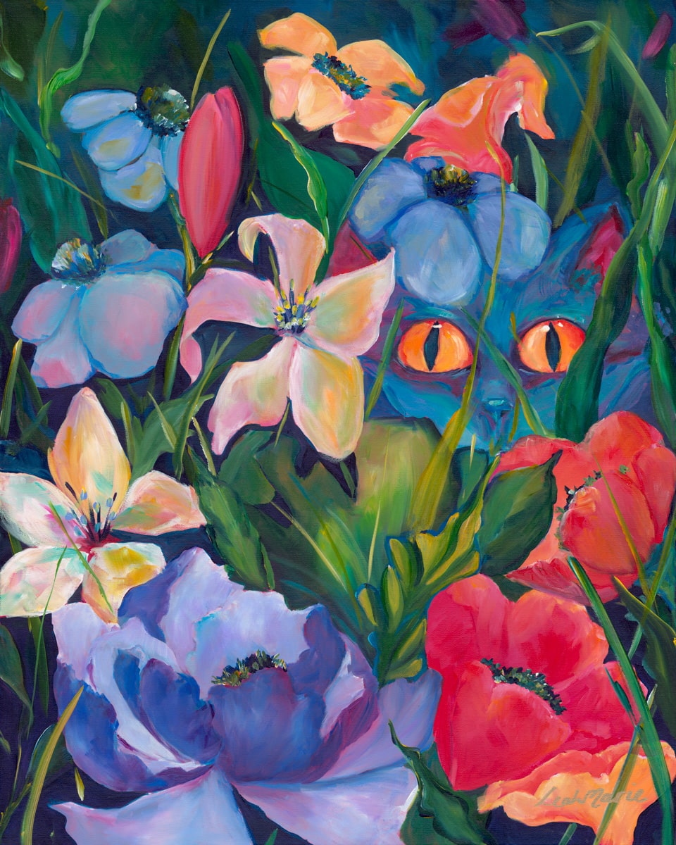 Colorful painting of a cat among flowers with vibrant colors and detailed petals. Full whimsy and chidish dopamine olors a great statement space for a animal lover or maximalsit home decor