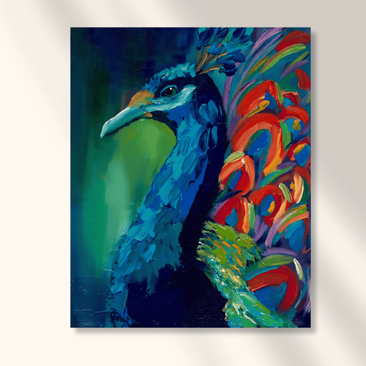 Painting titled 'Rainbow Feathers' by Leah Marie featuring vibrant nature themes in expressive color.