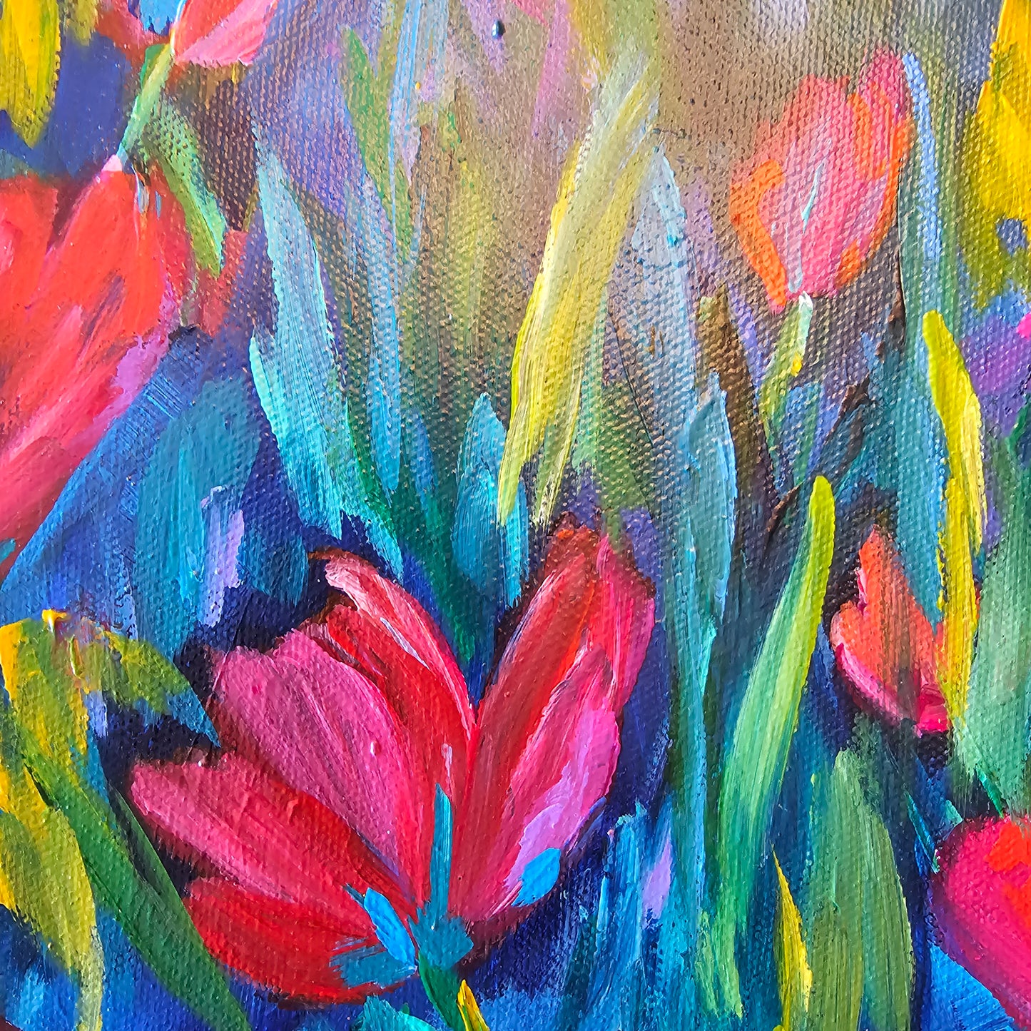 detailed abstract colorful blues and pinks floral garden painting perfect for a gallery wall