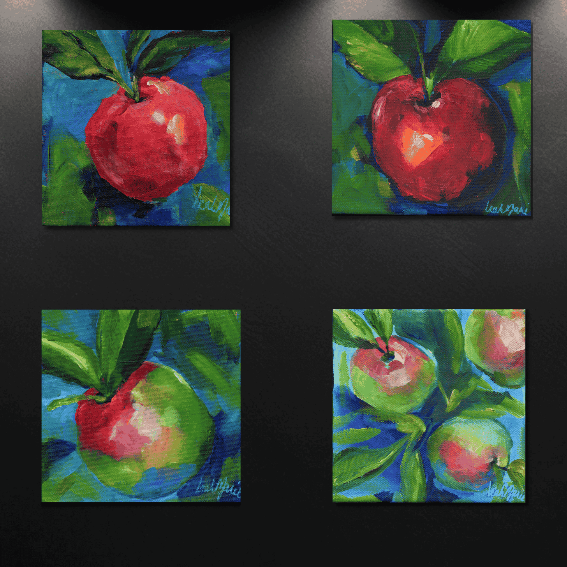 Hand-painted apple artwork with expressive brushstrokes and saturated color, inspired by blooming fruit trees in spring.