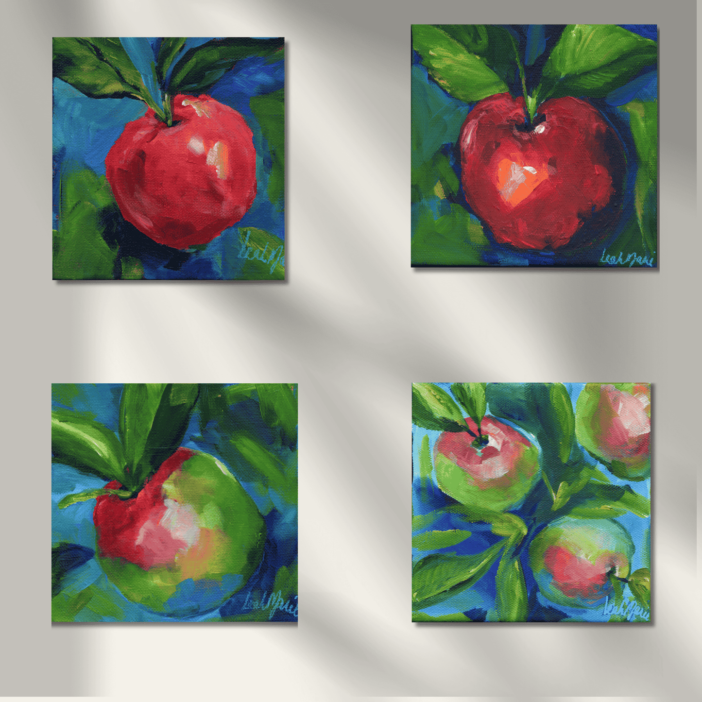 Original apple painting featuring a vibrant red apple against lush green leaves and bold blue background, part of a 2026 spring mini art collection.