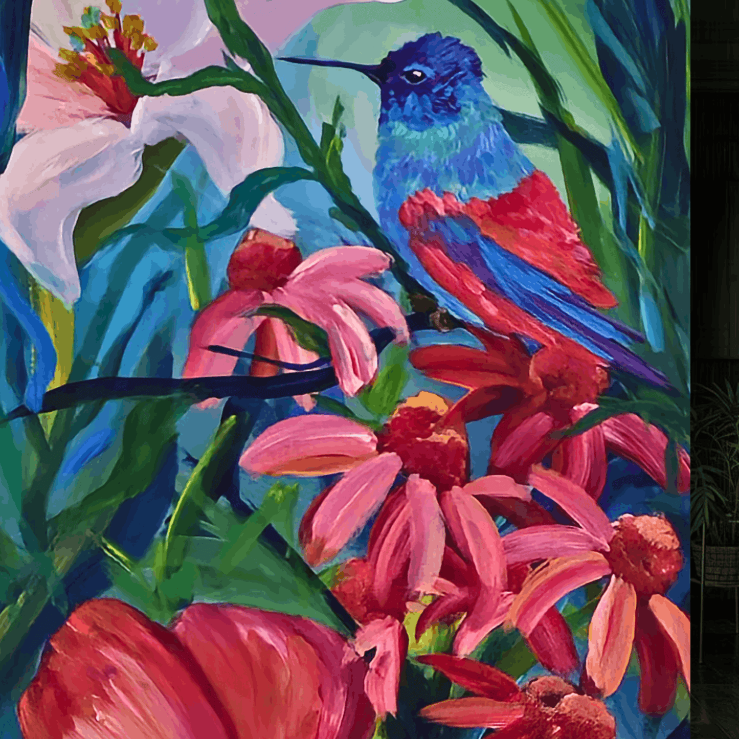 12x36 jewel tone floral hand painted artwork on canvas by dopamine artist leah marie in a moody maximalsit living room decor