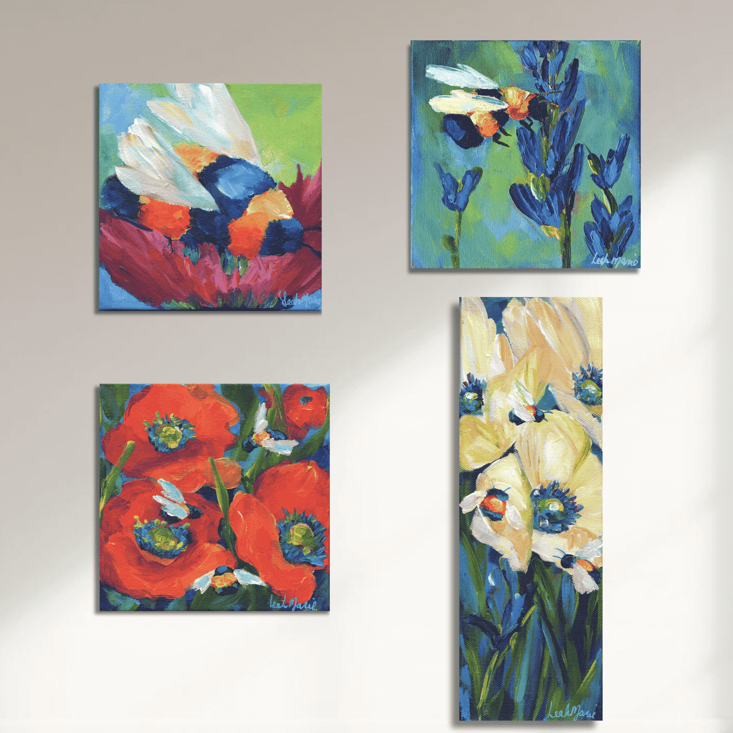 Spring bee mini paintings featuring vibrant bumblebees resting on bold red and blue flowers with expressive brushstrokes.
