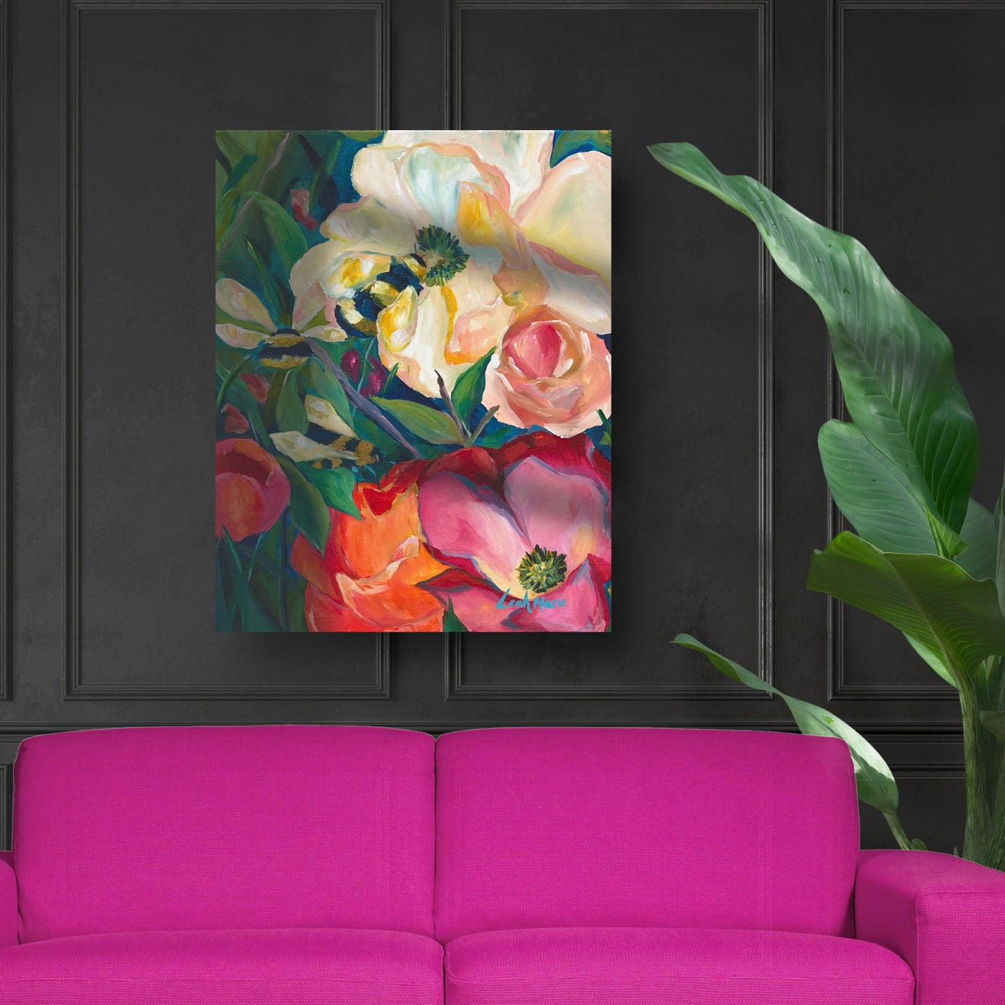 bold floral painting with bees in a jewel tone living room