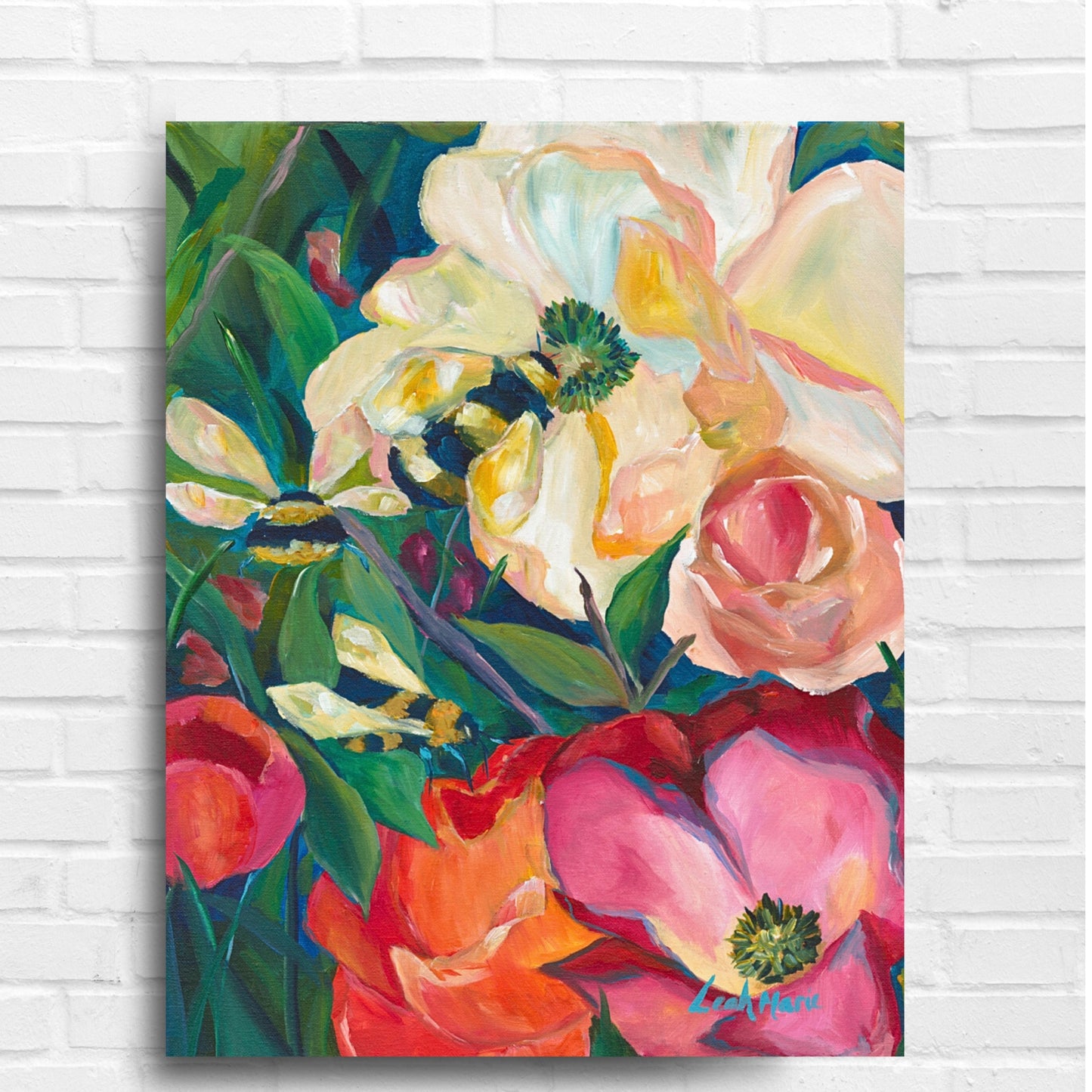 16x20 bold colorful peony painting with bees