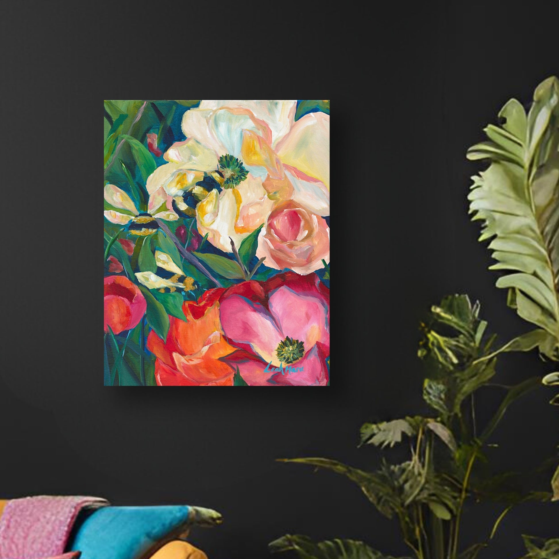 original painting with oversized flower petals and bees full of rich color in a moody eclectic living room