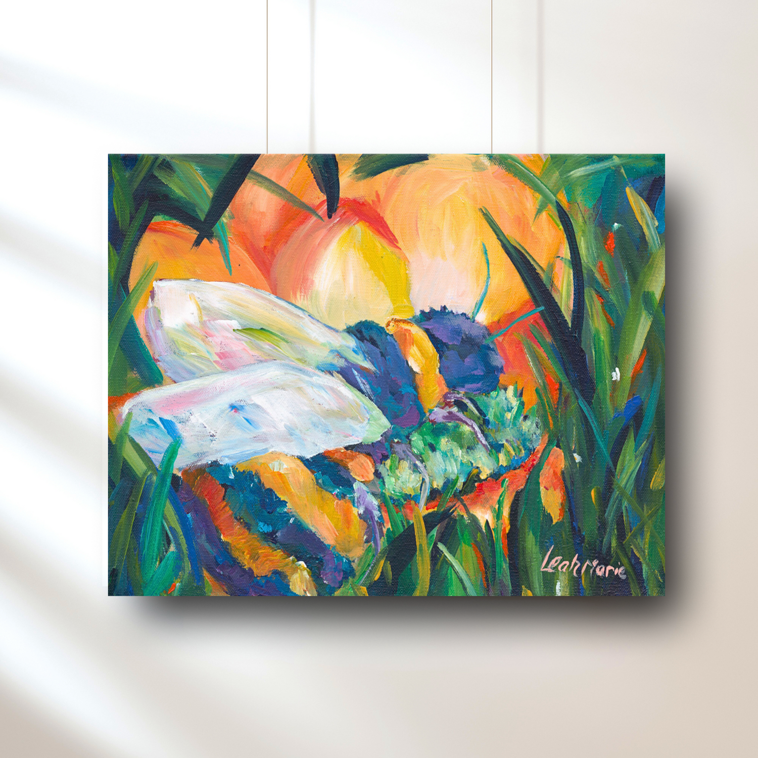A vibrant original painting featuring a bee resting on a yellow flower with bold, intricate floral patterns in a 11x14 inch canvas.