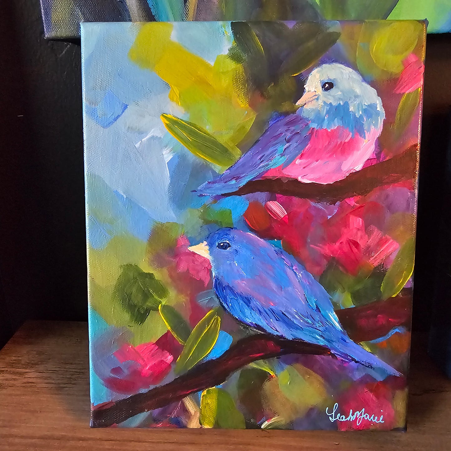 Spring minis bird series by Leah featuring hand-painted original artwork with vivid florals, lush foliage, and expressive birds in jewel-toned palette