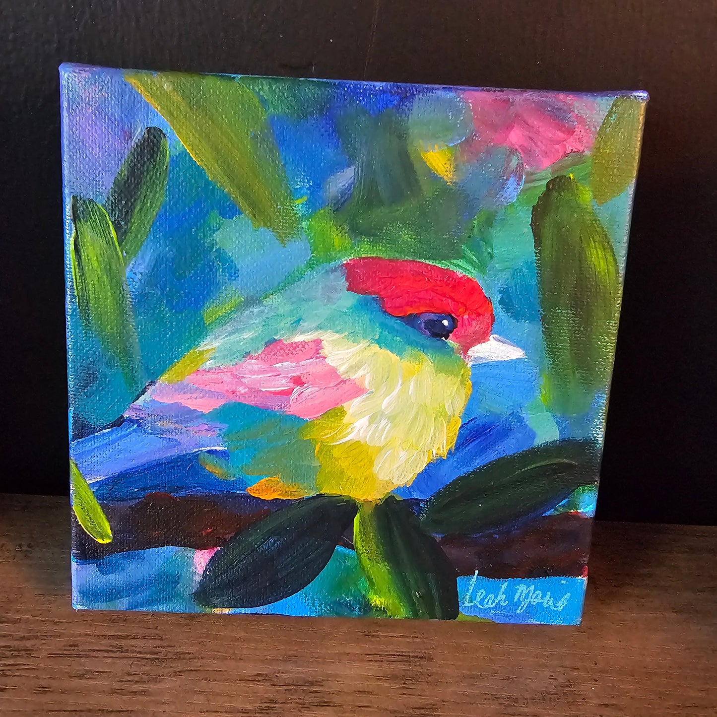 little happy bird hand painted on to a mini canvas best for gallery wall art display
