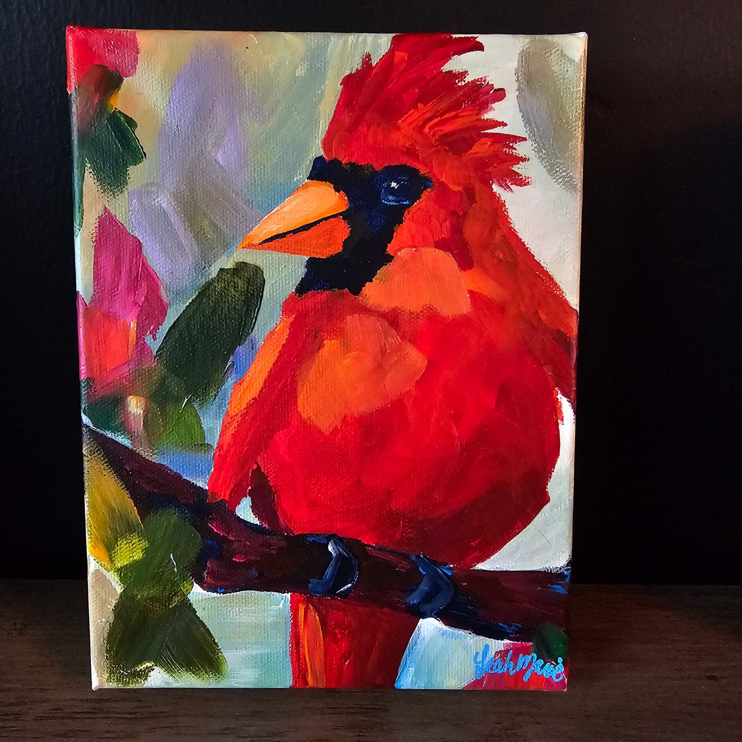Close-up of vibrant bird mini painting with textured brushstrokes and bold color, part of a 2026 spring collection celebrating renewal and warmth.