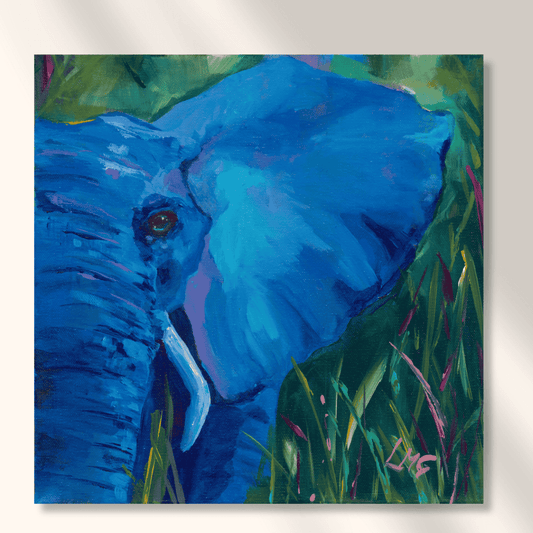 Painting titled 'Blue Elephant' by Leah Marie featuring vibrant nature themes in expressive color.