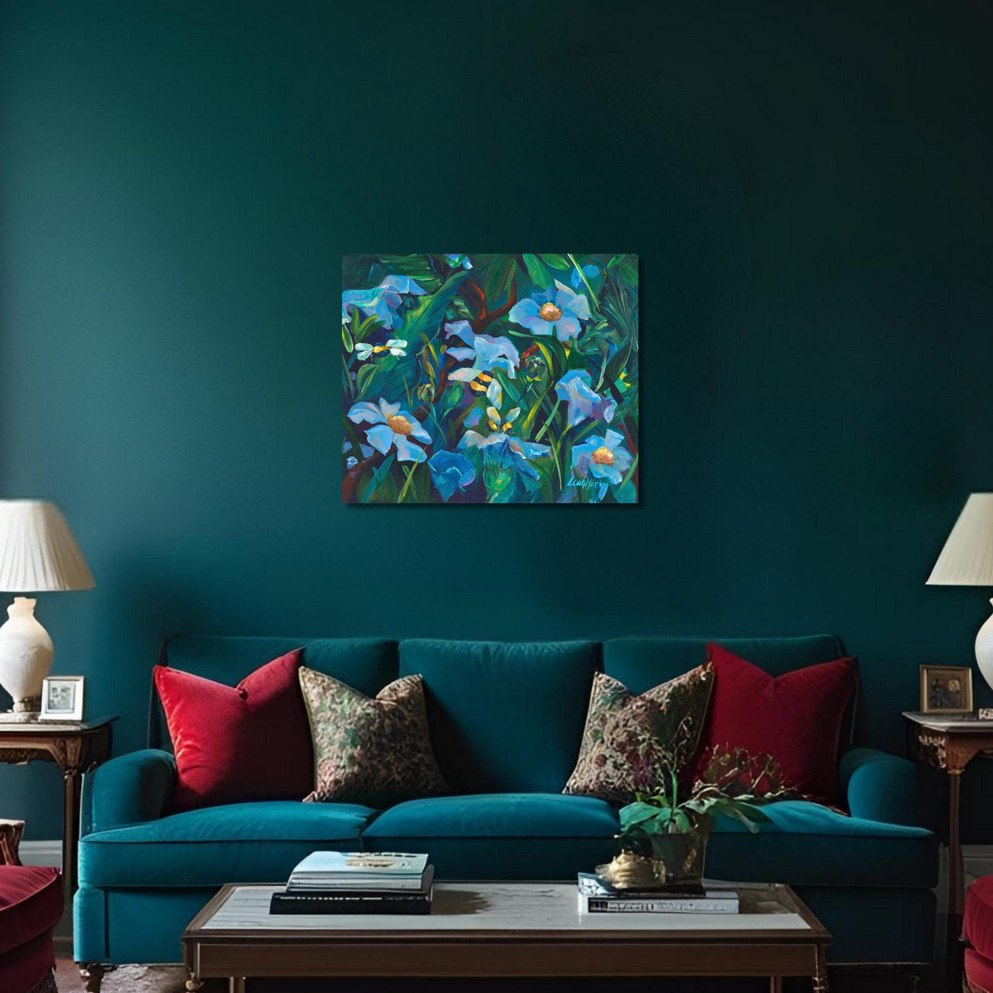 blue flowers in a green garden hand painted artwork perfect gift for an anniversary or housewarming gift