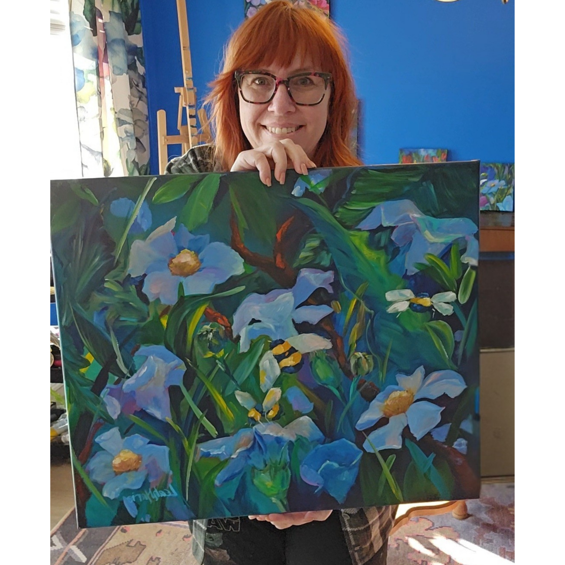 blue and green jewel tone floral dopamine painting in a dopamine maximalist interior deign decor home