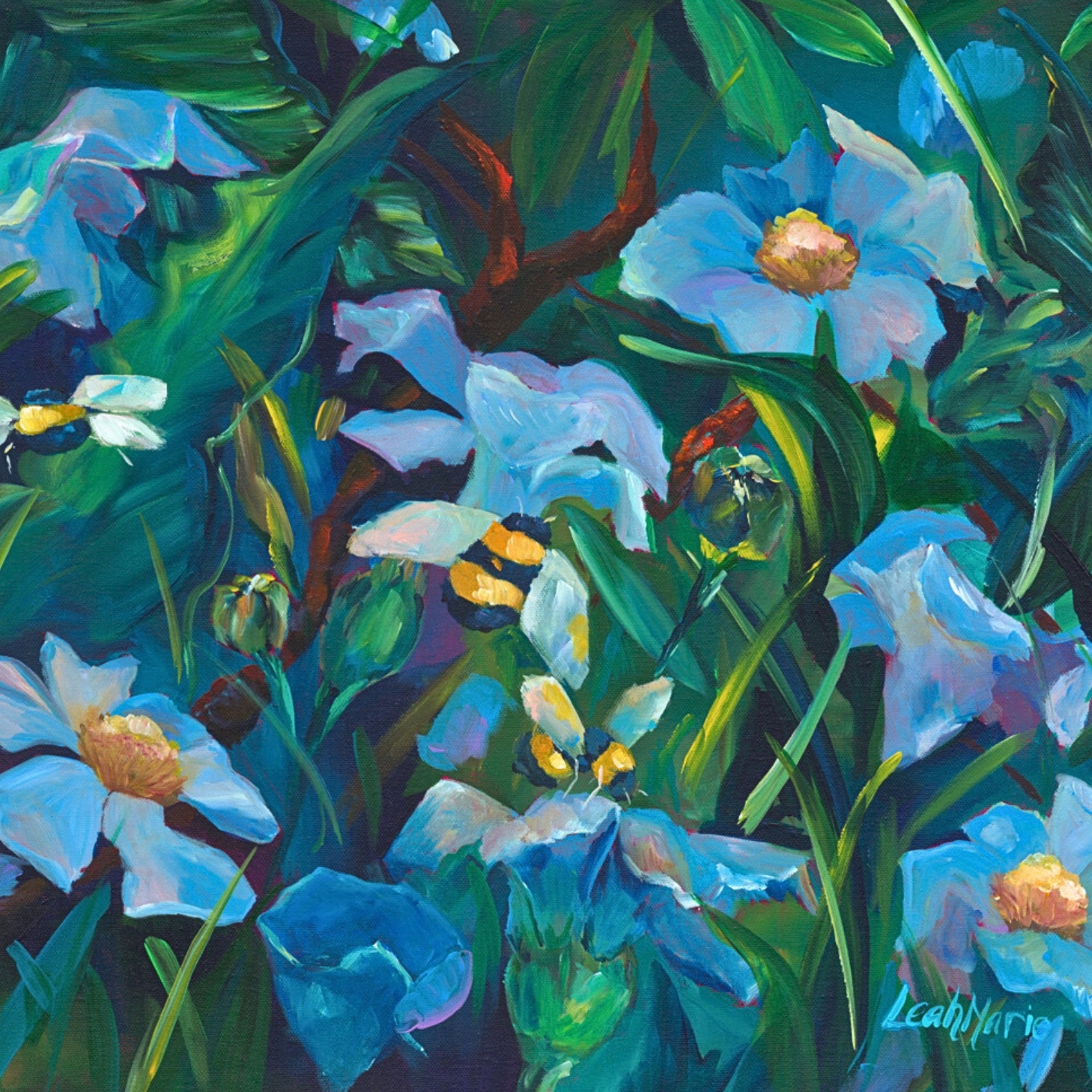 abstract baby blue floral garden with yellow and black bees original painting on canvas