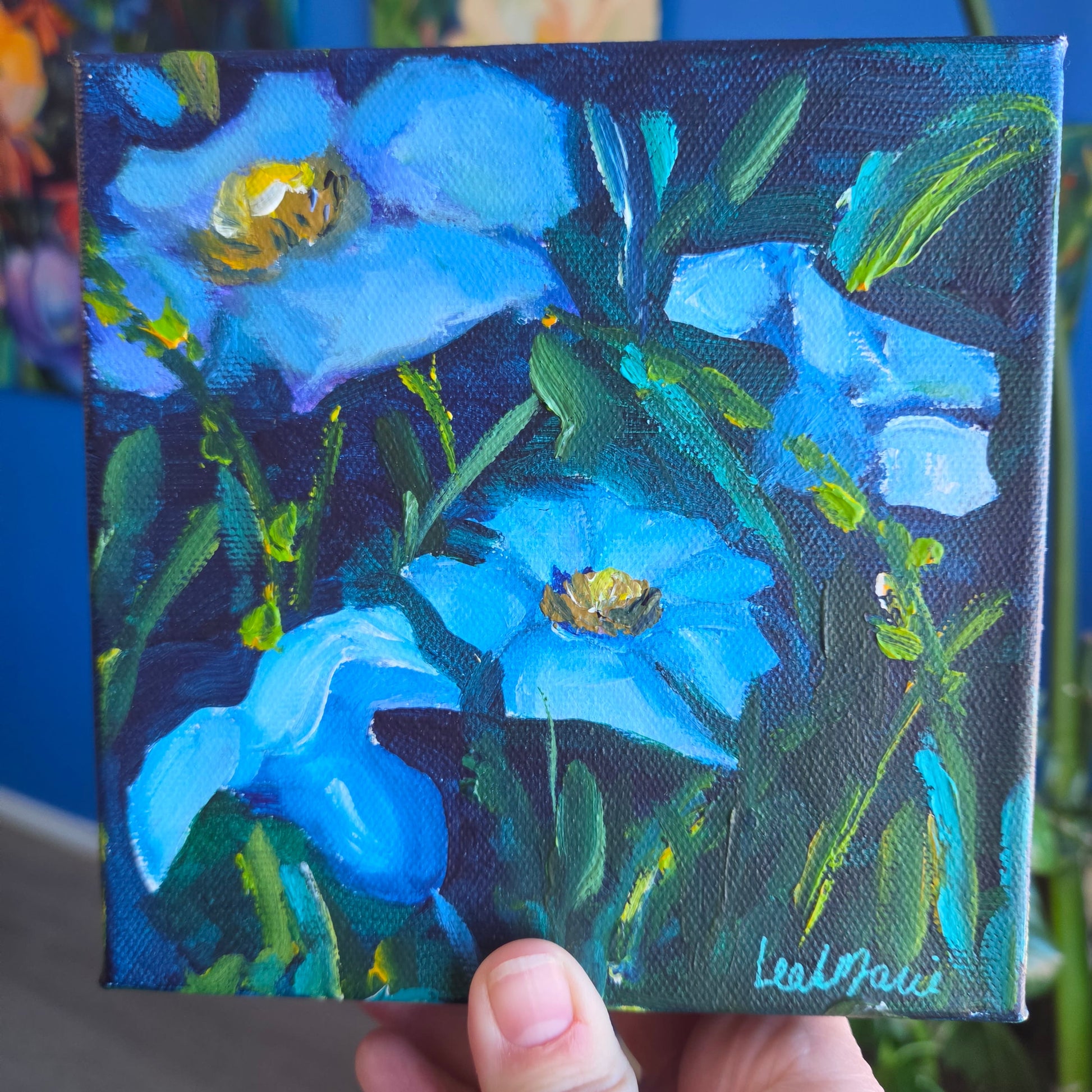 small square blue floral painitng by leah arie a dopamine artist