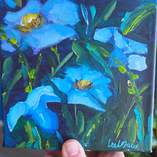 small square blue floral painitng by leah arie a dopamine artist