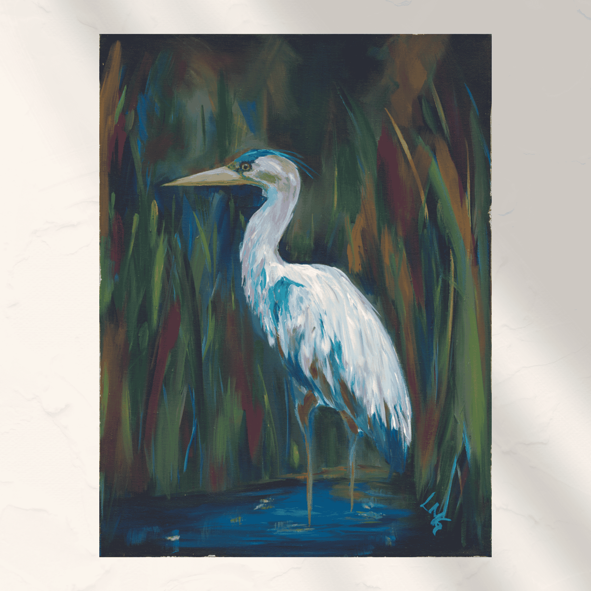 Blue heron standing in warm-toned marsh with gold leaf edges and painterly brushwork