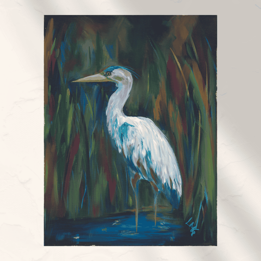 Blue heron standing in warm-toned marsh with gold leaf edges and painterly brushwork