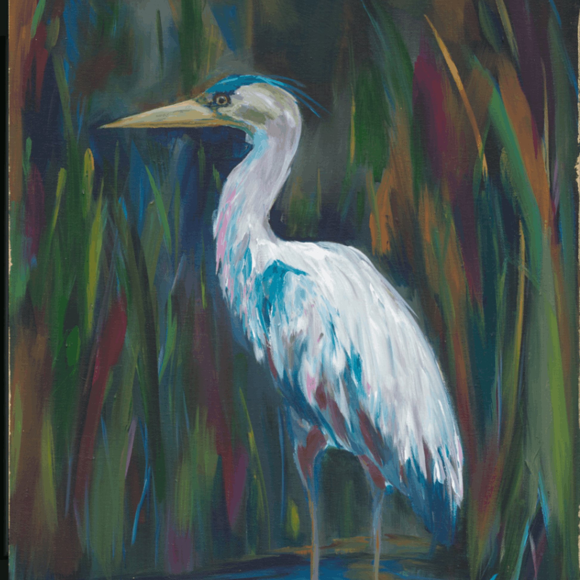 Graceful white heron with blue accents, surrounded by abstract reeds in warm colors”