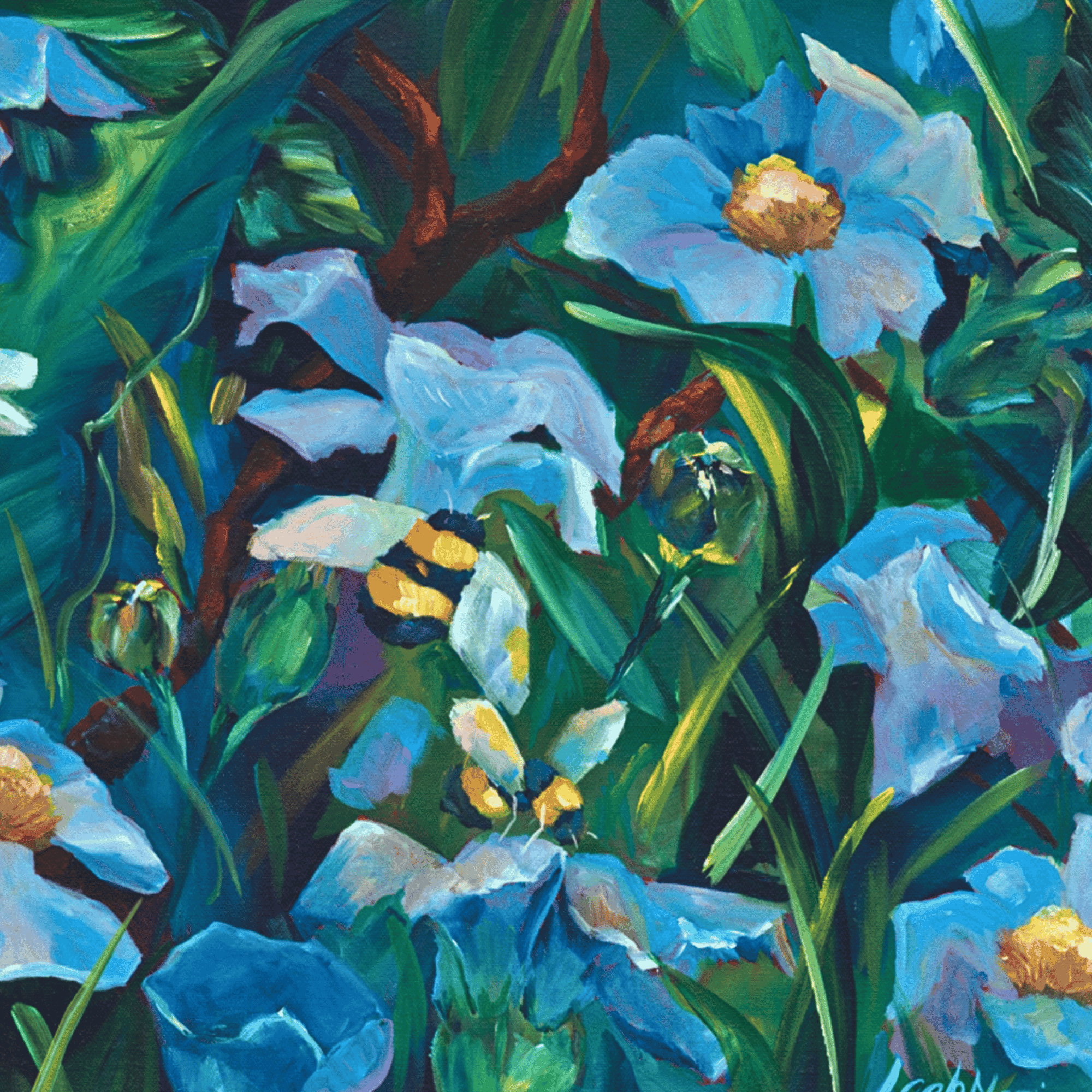 statement piece blue floral artwork for jewel tone maximalist living room decor