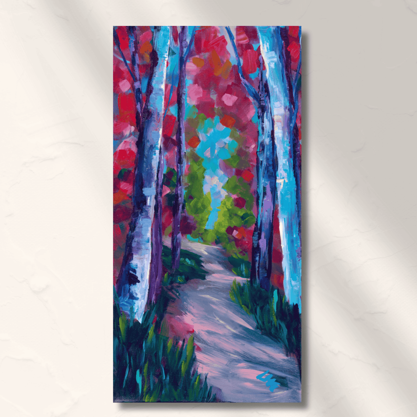 Colorful impressionist forest path with vibrant pink, blue, and green brushstrokes