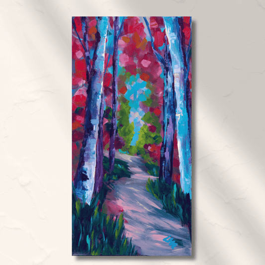 Colorful impressionist forest path with vibrant pink, blue, and green brushstrokes