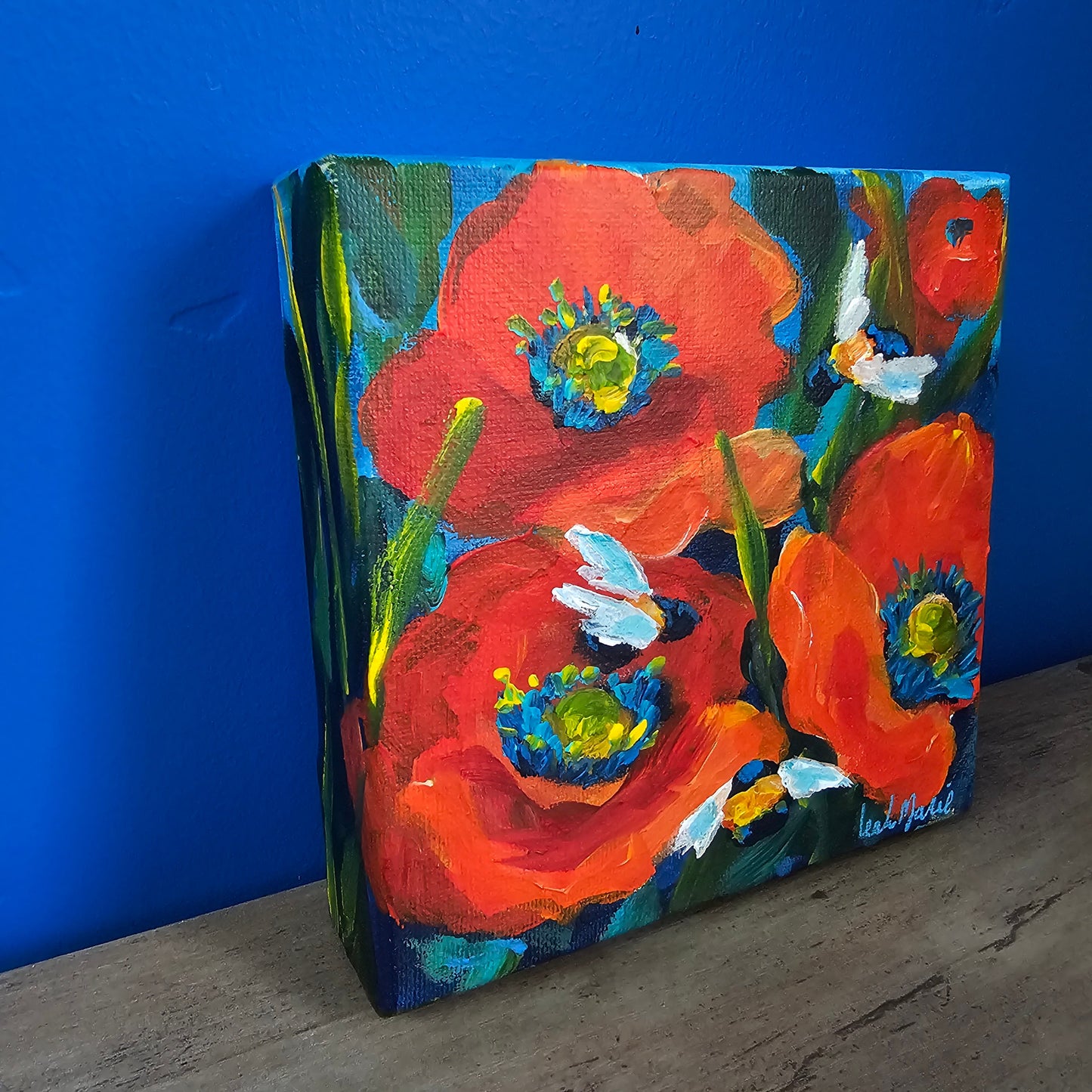 mini 6x6 bumble bee and red californian poppy flower square painting