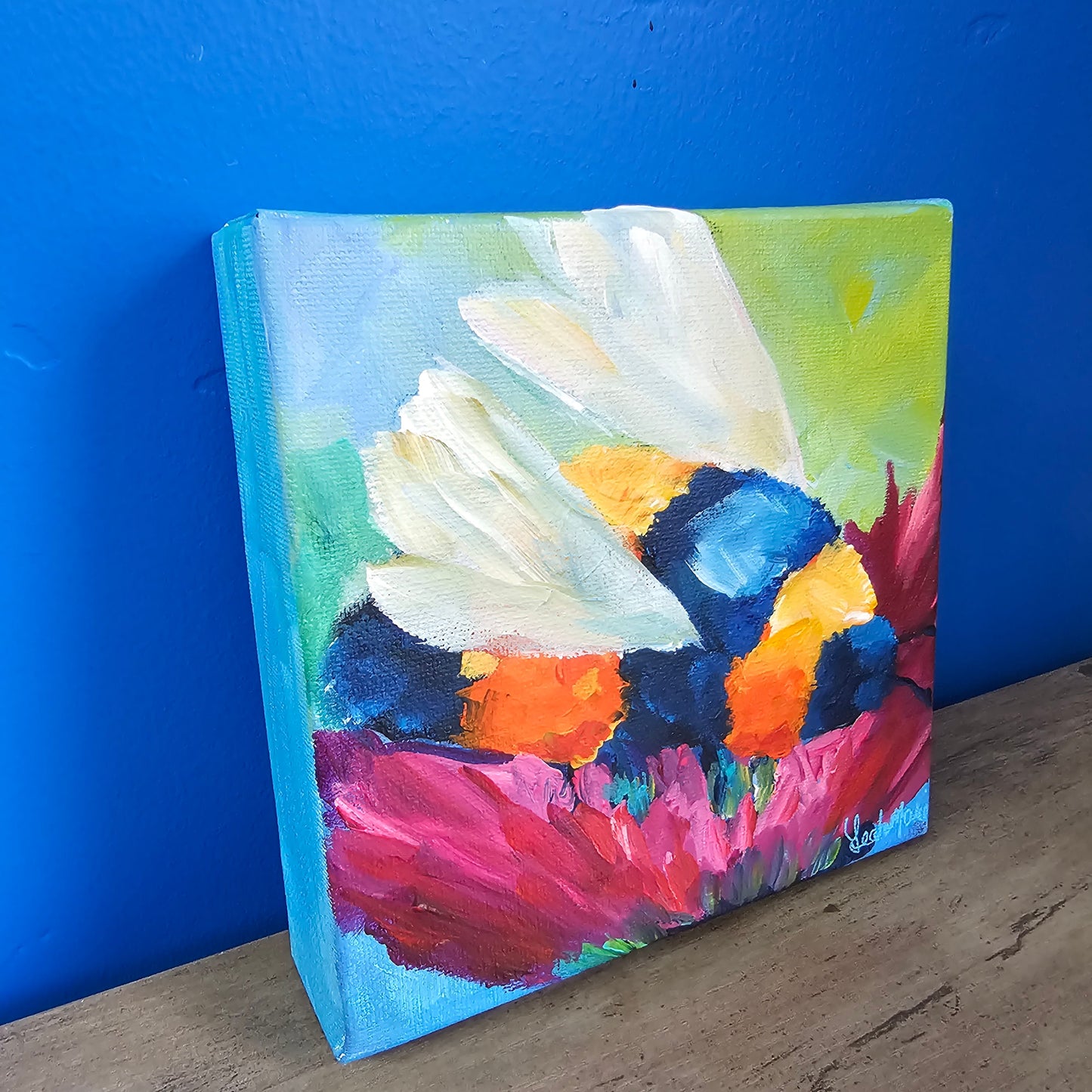 2026 spring mini bee series by Leah with saturated greens, blues, and coral florals highlighting pollinators in motion.