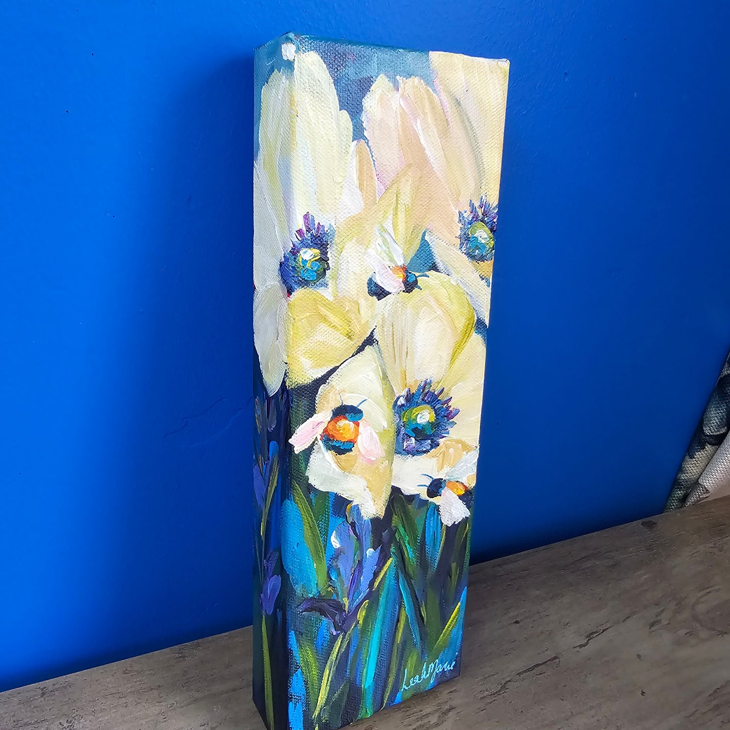 Original bee and floral artwork in bright spring colors, showcasing textured acrylic brushwork and dynamic movement.