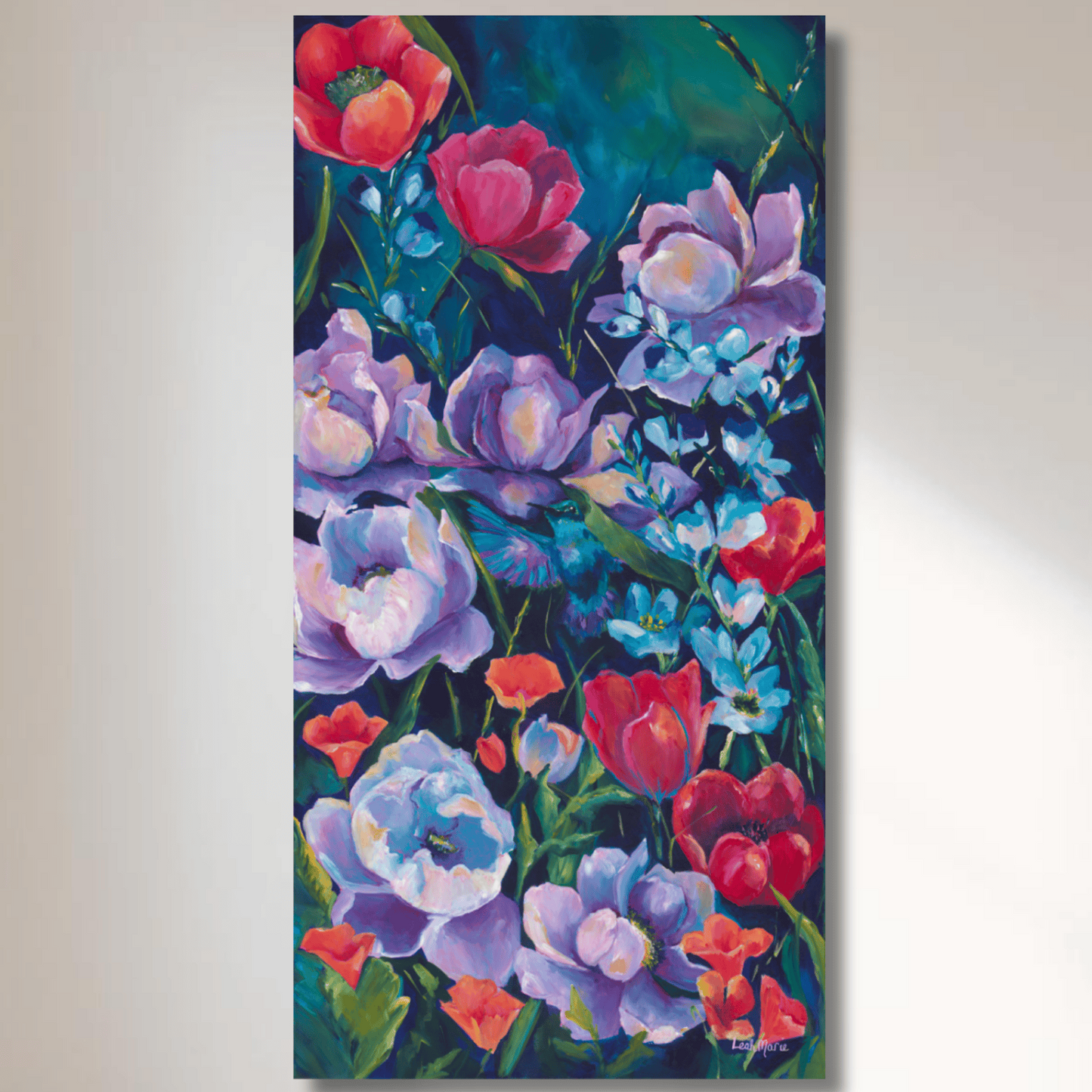 Vertical hummingbird floral fine art print reproduction on archival paper and gallery-wrapped canvas with vibrant purple and red blooms