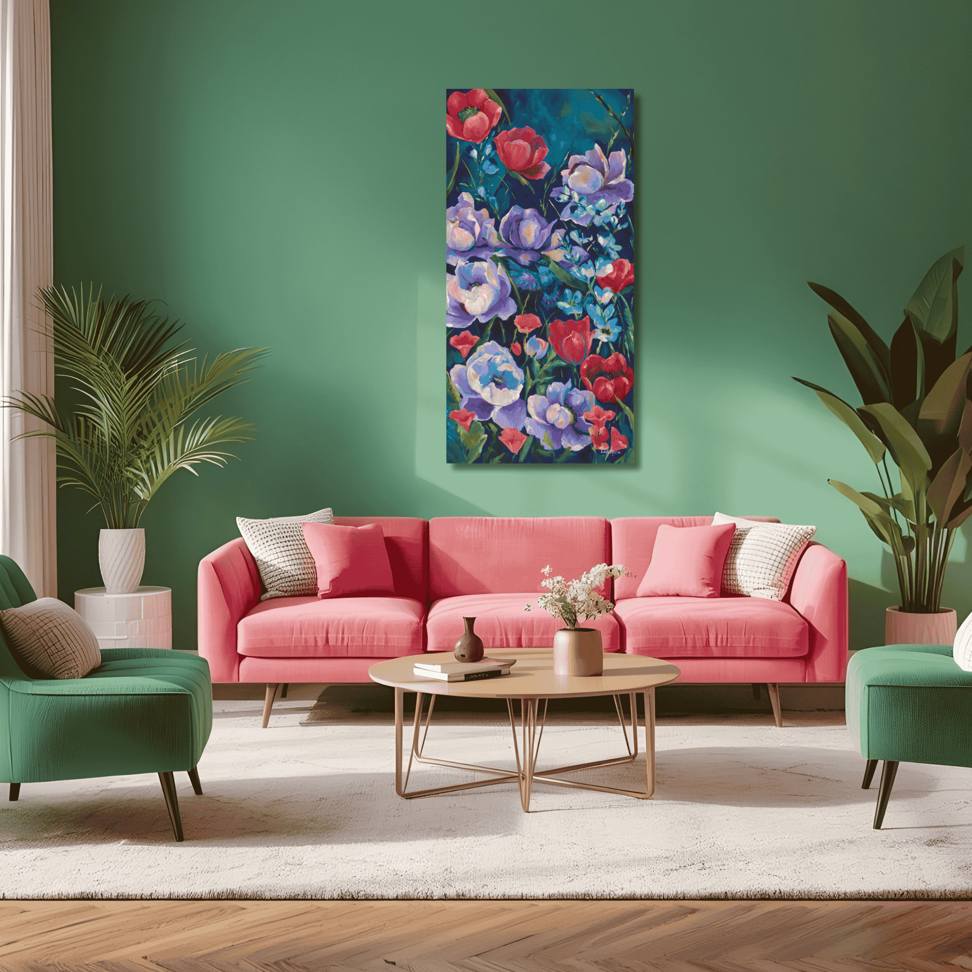Close-up detail of purple flowers and teal hummingbird showing expressive brushwork and rich layered color