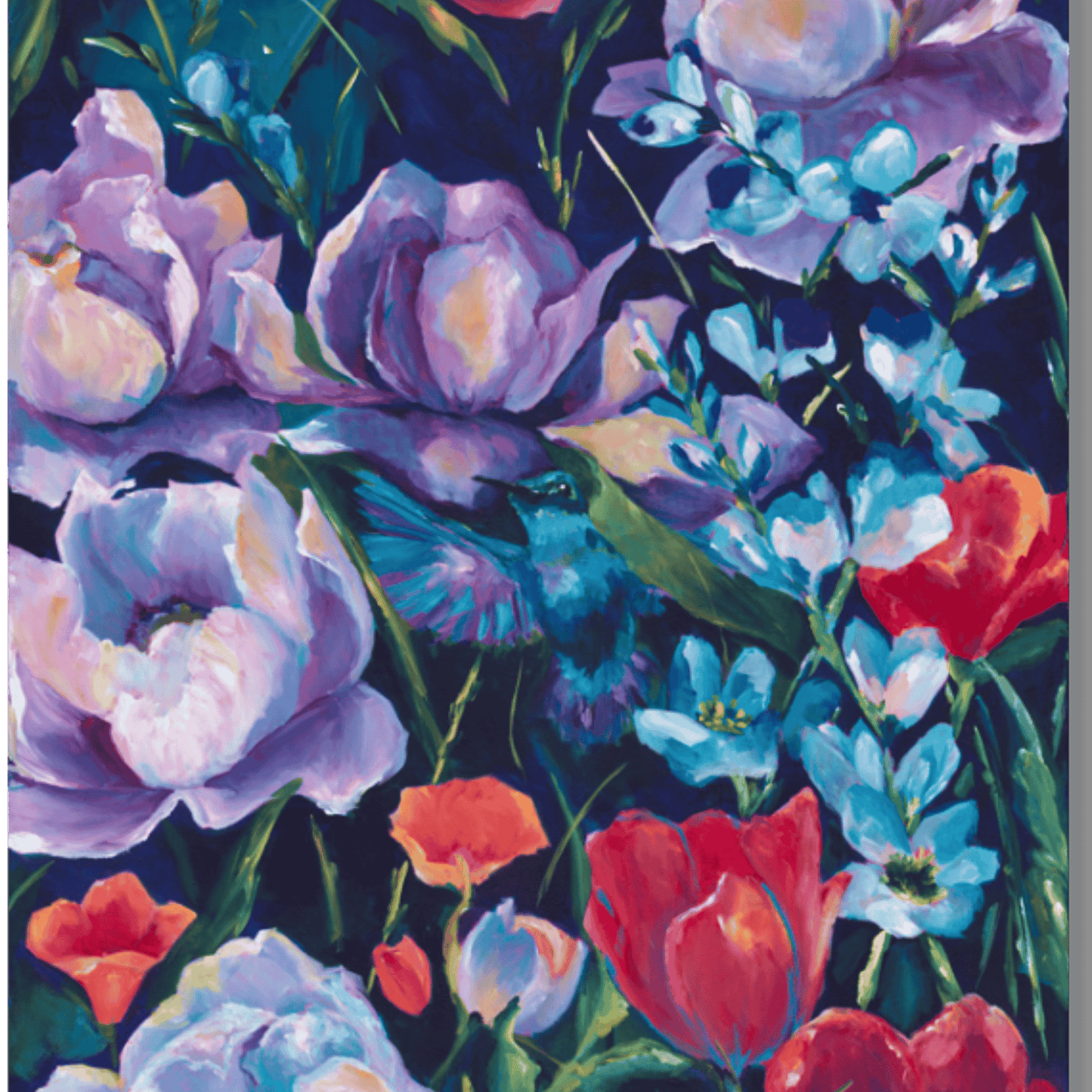 Colorful vertical floral canvas wall art featuring hummingbird and bold blossoms displayed on neutral wall
