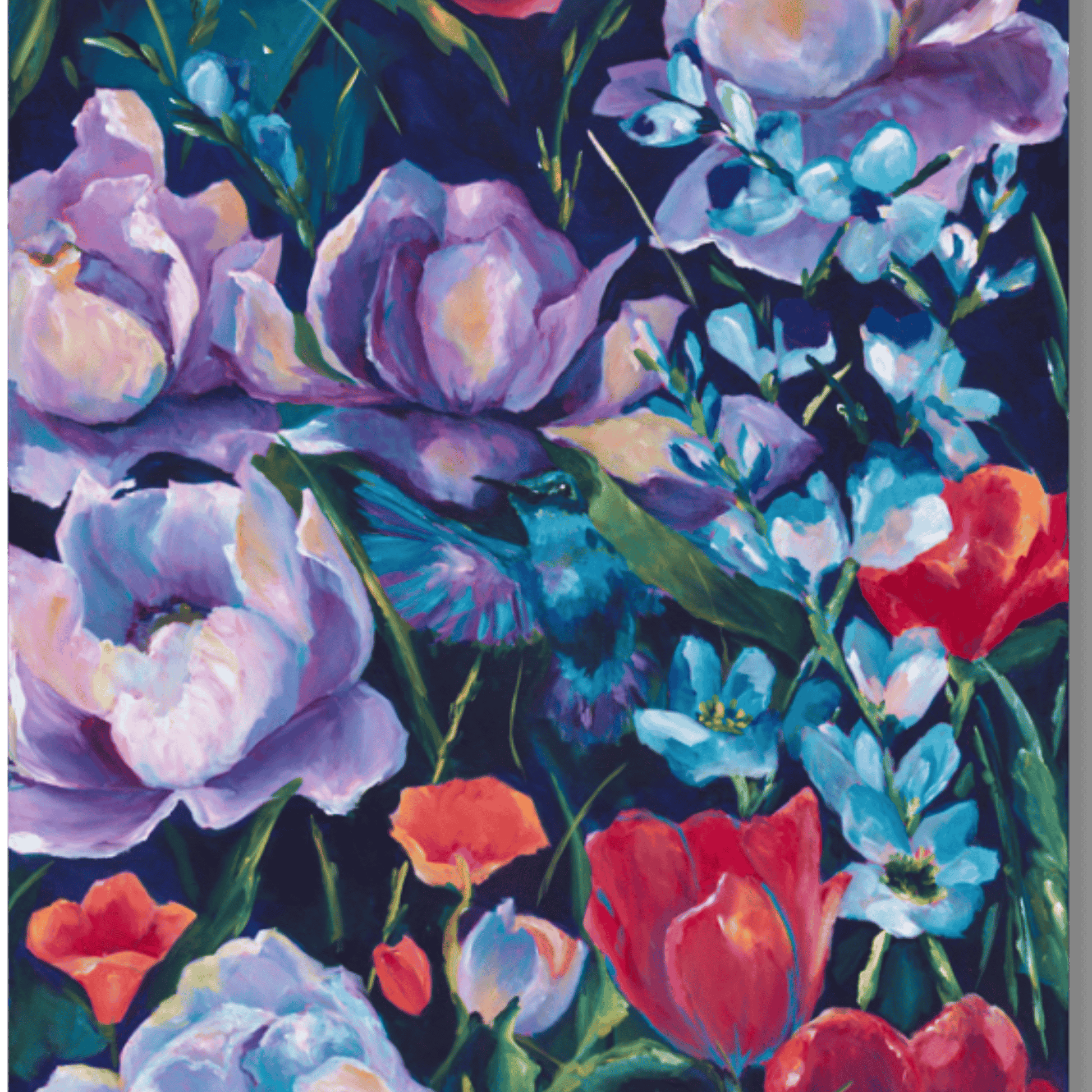 Colorful vertical floral canvas wall art featuring hummingbird and bold blossoms displayed on neutral wall
