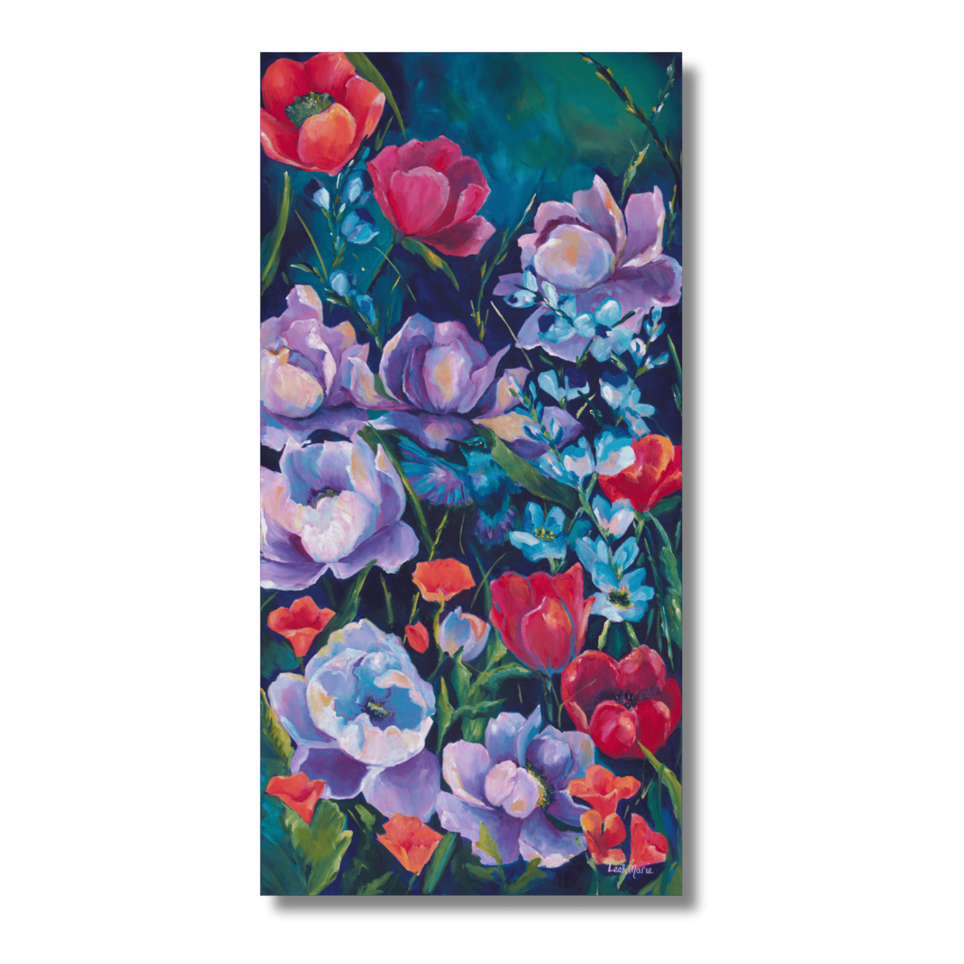 Vibrant vertical hummingbird floral canvas art styled above pink sofa in modern colorful living room