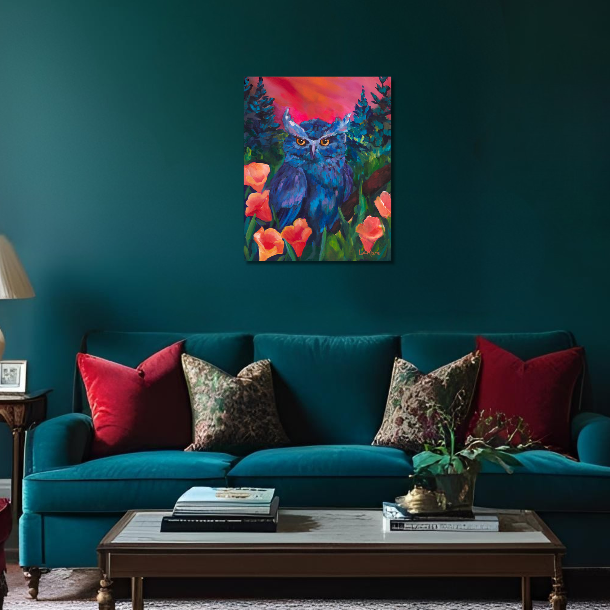 colorful sunset over bold blue owl set in amongst wildflowers perfect statement piece for any dopamine maximalsit living room or office