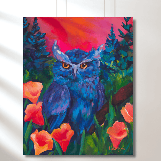 bold whimsical owl illustration beneath a sunset surrounded by orange wildflowers. perfecr addition to maximalist living rooms and gallery walls