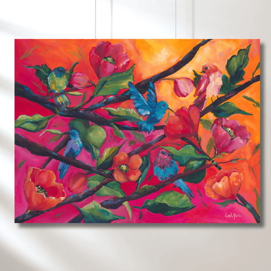 bold bbright orange and pink hand painted artwork with whimsical birds during spring. Print is perfect to make a statement in a maximalist living room decor