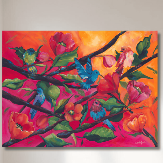 Colorful hummingbird and floral fine art print reproduction with vibrant pink and orange background on archival paper and canvas
