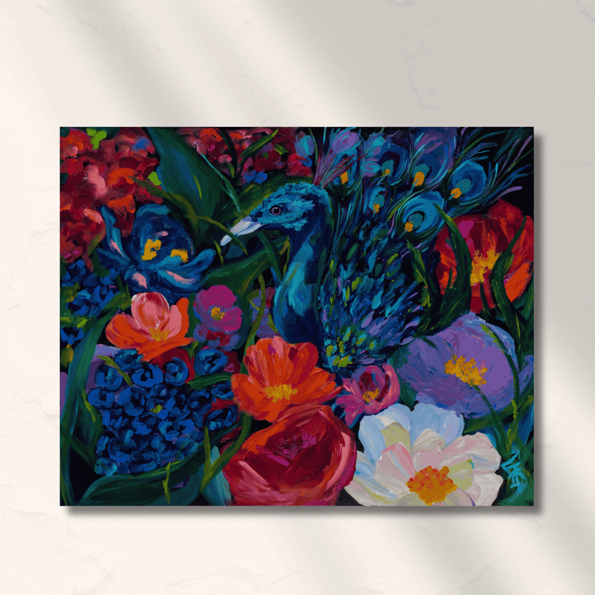 Maximalist peacock floral painting featuring saturated colors and layered brushstrokes, statement artwork for bold, color-loving homes