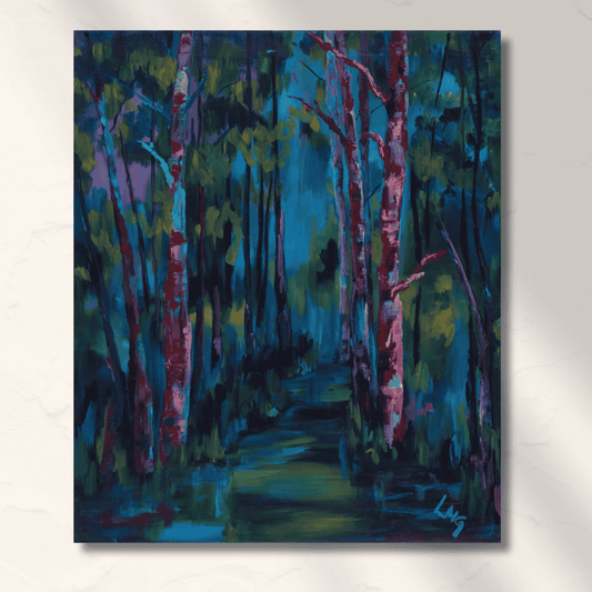 deep dark moody enchanted forest paintign
