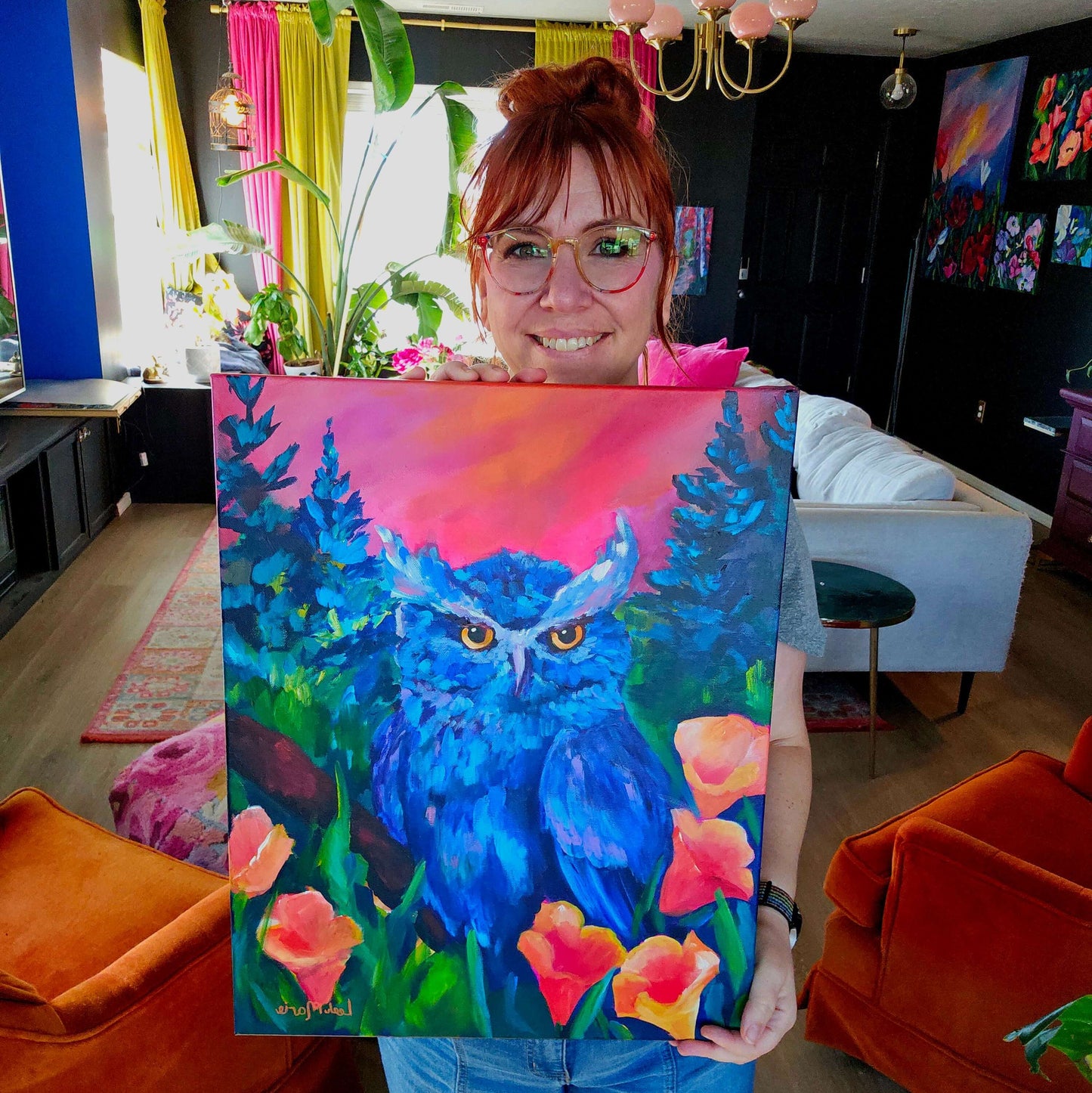 bold jewel tone owl painting by dopamine artist leah marie in a maximalist dopamine decor living room