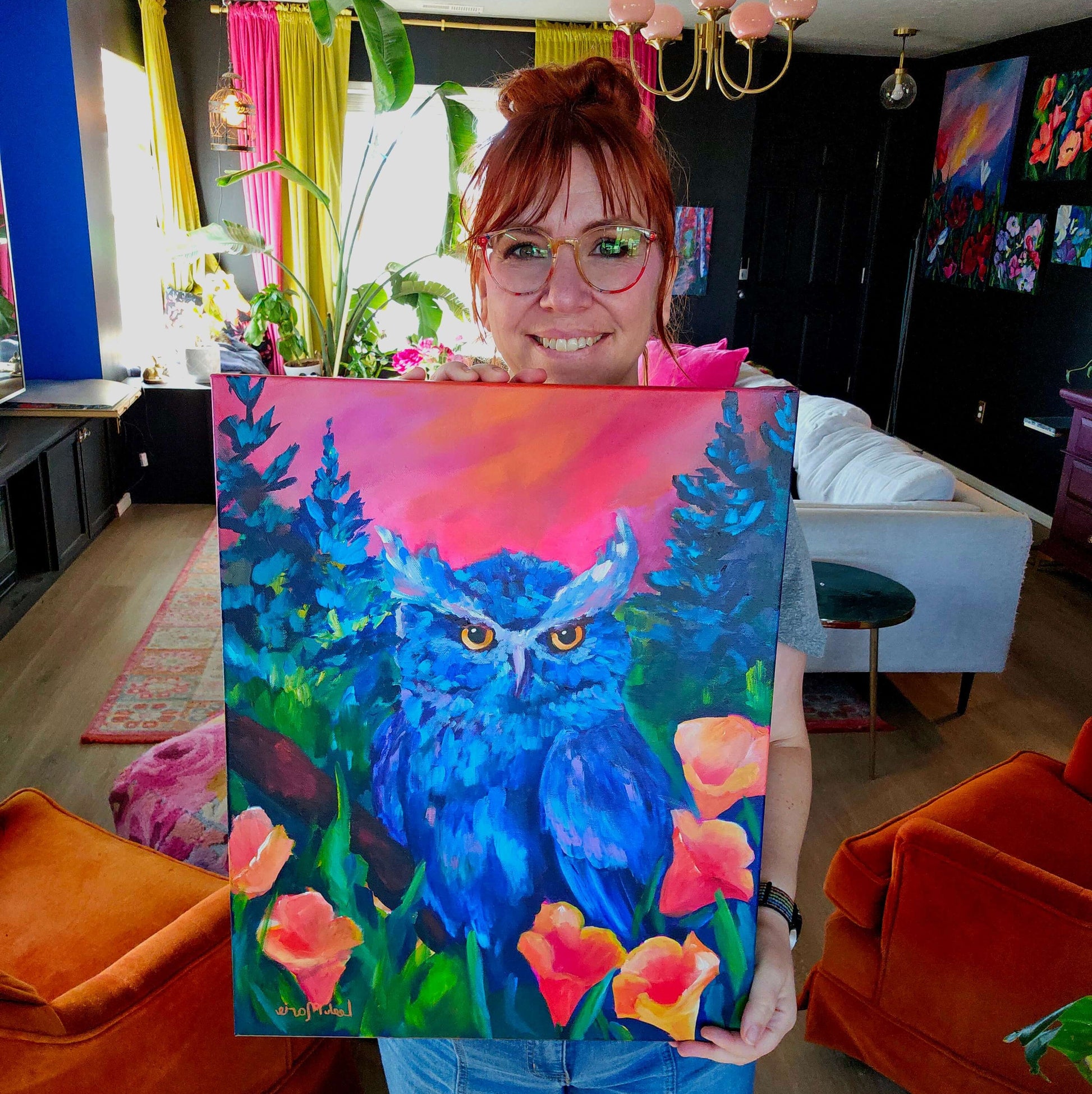 bold jewel tone owl painting by dopamine artist leah marie in a maximalist dopamine decor living room